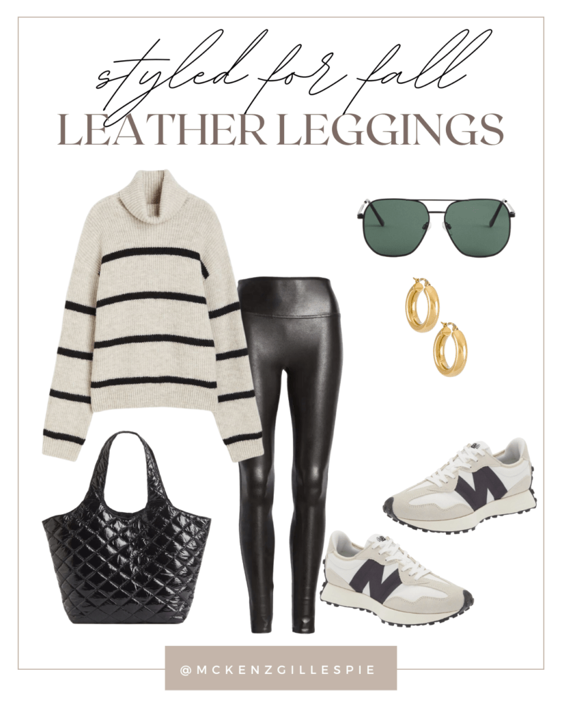 faux leather leggings sneakers fall outfit